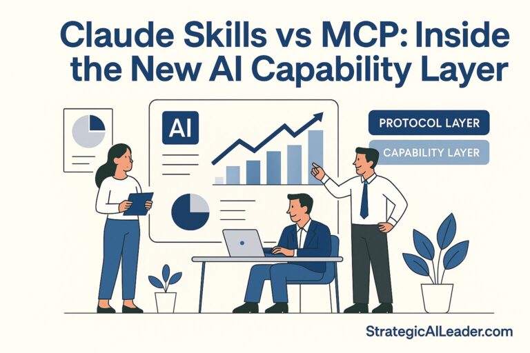 Flat-style modern illustration showing professionals analyzing AI dashboards with layered diagrams labeled Claude Skills and MCP, in StrategicAILeader color palette.