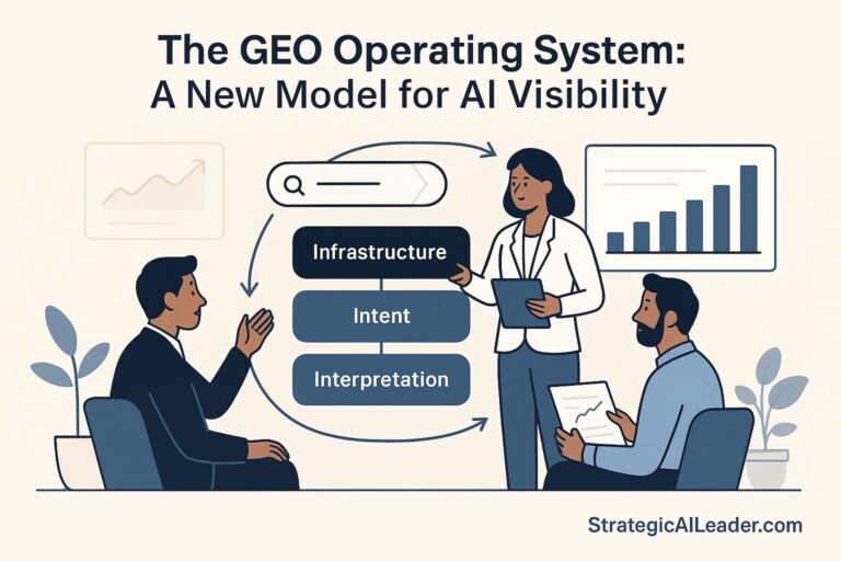 Flat-style illustration showing three professionals collaborating around a layered GEO Operating System labeled Infrastructure, Intent, and Interpretation, with charts and data visualizations in the background.