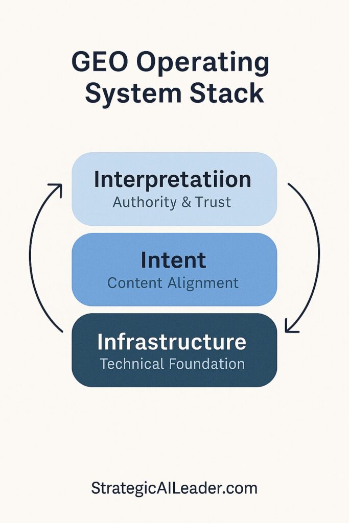 Flat-style three-layer GEO Operating System diagram labeled Infrastructure, Intent, and Interpretation, showing a connected flow between layers.