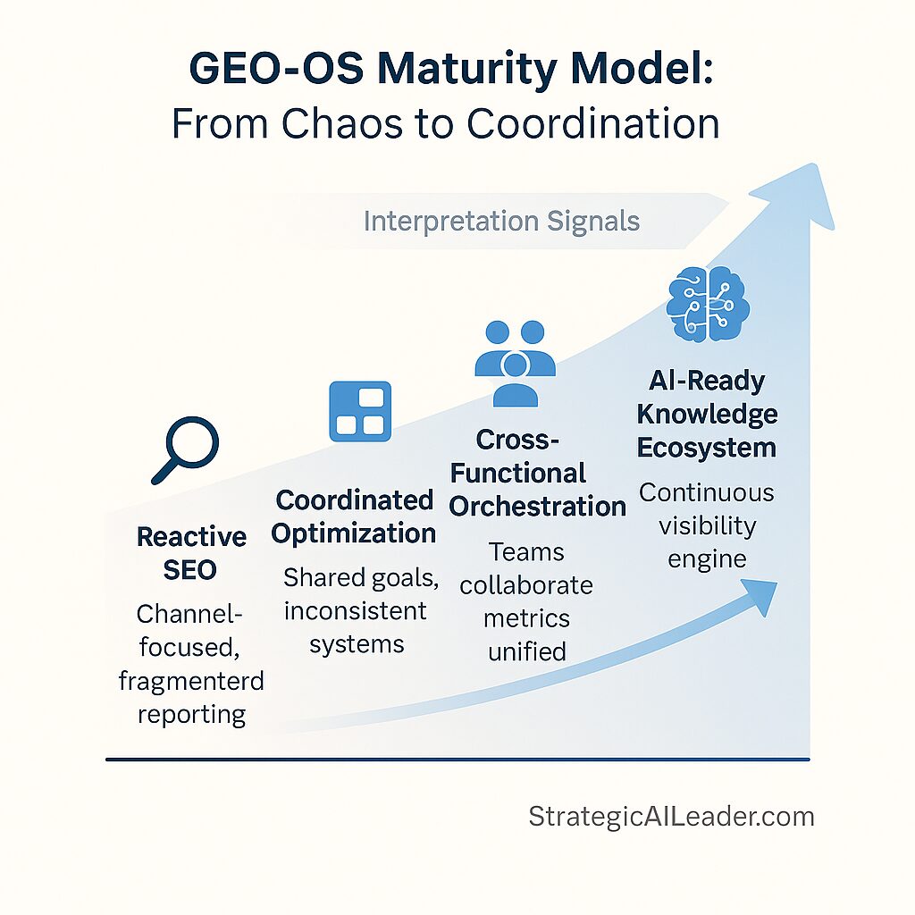 Flat-style infographic showing a smooth upward curve with four stages of GEO-OS maturity: Reactive SEO, Coordinated Optimization, Cross-Functional Orchestration, and AI-Ready Knowledge Ecosystem. Includes icons for magnifier, workflow chart, connected team, and AI brain, with a faint “Interpretation Signals” annotation at the top and StrategicAILeader.com branding bottom right.