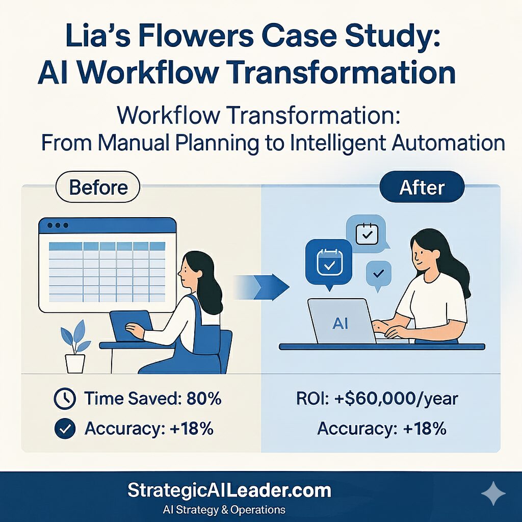 lat-style infographic comparing Lia’s Flowers workflow before and after Claude Skill automation, with KPIs Time Saved 80%, ROI +$60,000/year, Accuracy +18%, and StrategicAILeader branding.