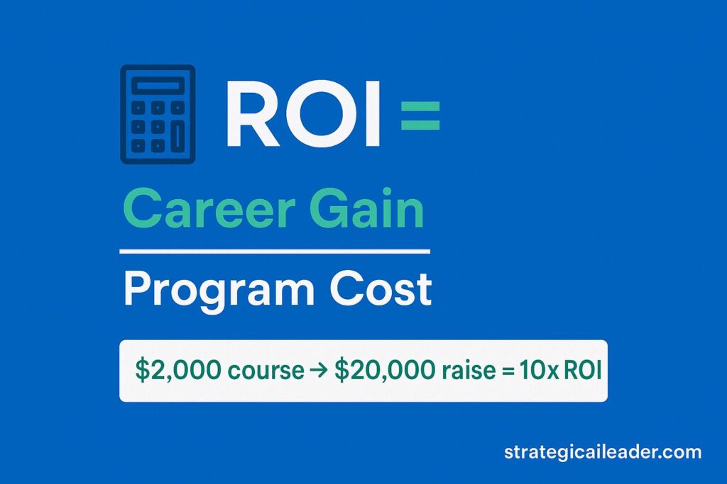 Flat-style infographic showing ROI formula with example $2,000 course leading to $20,000 raise, illustrating 10x ROI