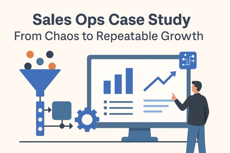 Flat-style illustration showing a sales funnel, pipeline stages, and an operator reviewing a dashboard with growth charts and AI icons
