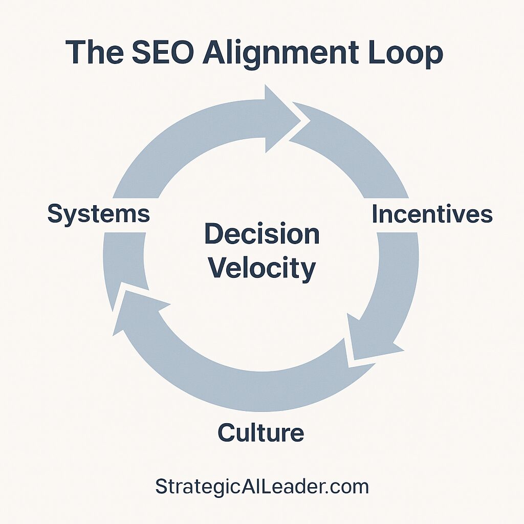 Flat-style infographic titled “The SEO Alignment Loop” showing Systems, Incentives, and Culture as interconnected arrows with Decision Velocity at the center.