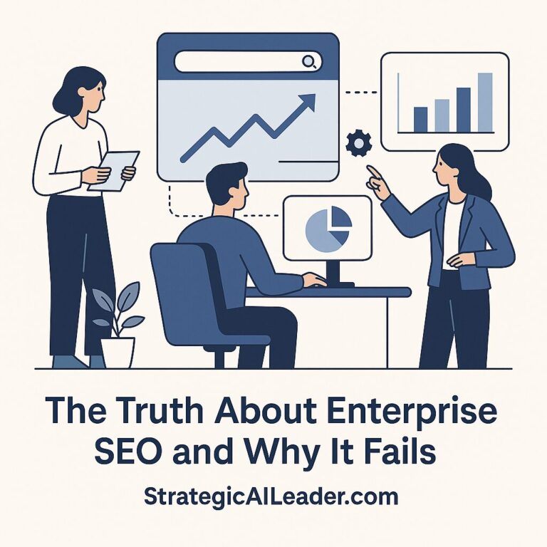 Flat-style professional illustration of a business team analyzing SEO dashboards and data systems with StrategicAILeader.com branding