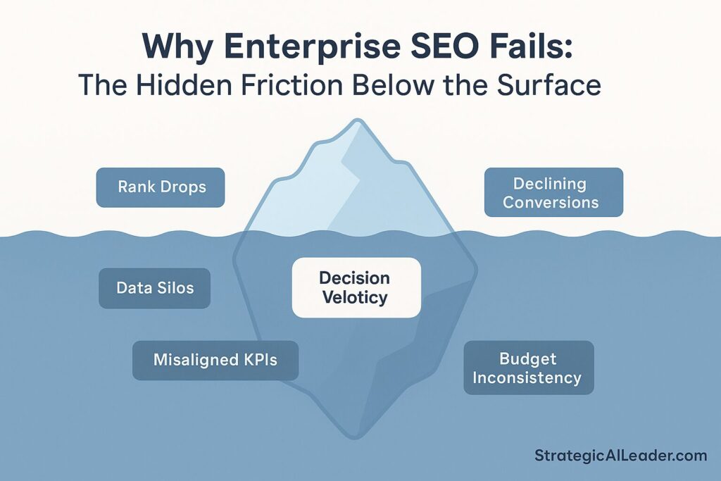 Flat-style infographic showing visible SEO issues like rank drops and hidden organizational friction points such as silos, misaligned KPIs, and budget inconsistency