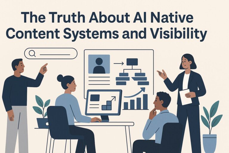 Flat style illustration of a team reviewing AI native content systems with dashboards, structured diagrams, and search signals that show how AI models extract and interpret content.