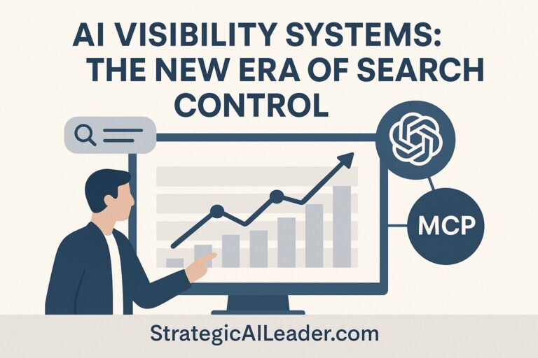 Flat-style illustration showing a professional analyzing search performance dashboards with ChatGPT and MCP icons, representing AI Visibility Systems