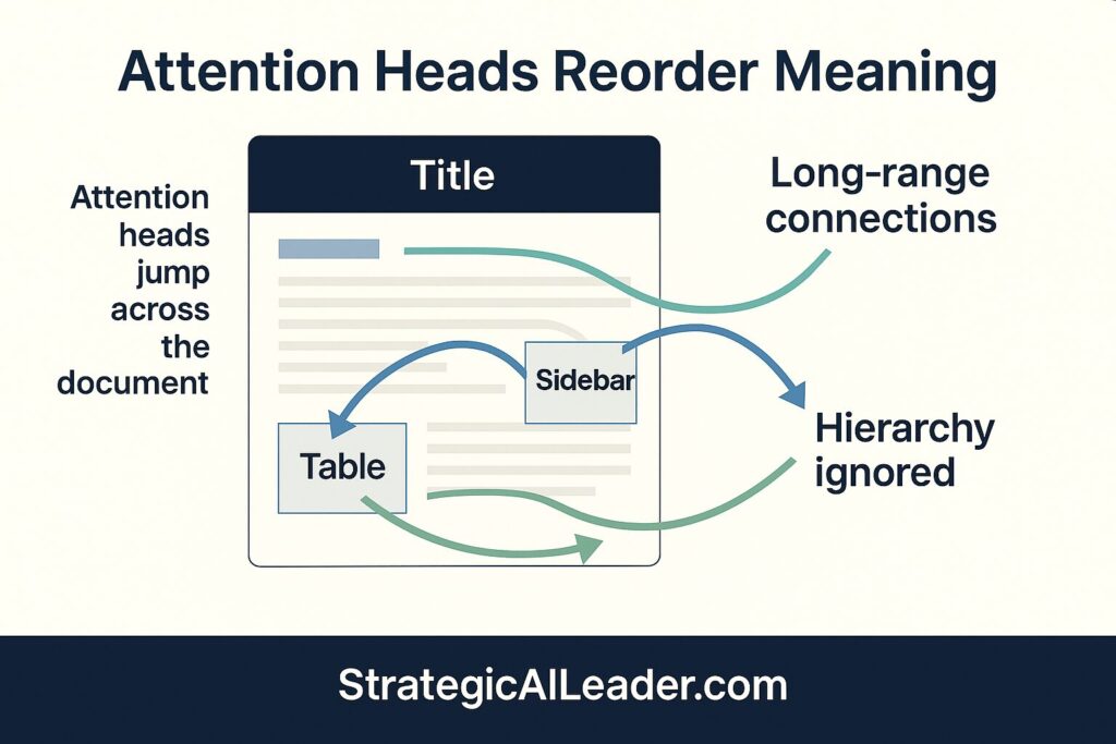Flat style diagram showing a single document layout with attention head arrows jumping between title, paragraphs, sidebar, and table to illustrate how AI models ignore hierarchy and form long range connections.