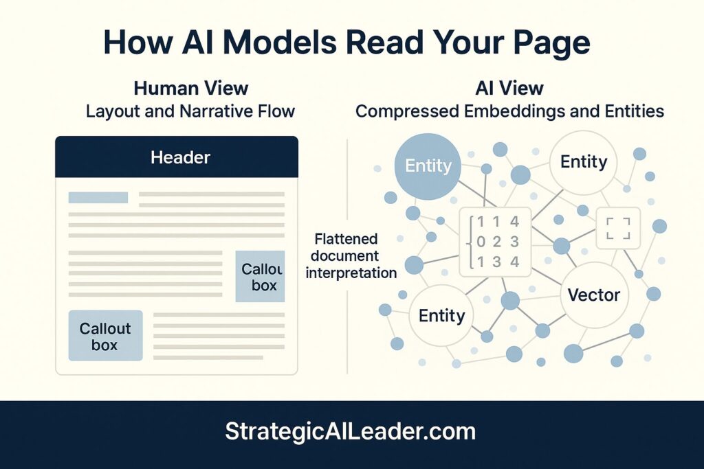 Flat style infographic comparing the human view of a formatted page with the AI view of compressed embeddings, entities, and attention links to explain how AI models read content.