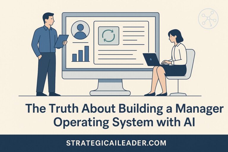 Flat-style illustration of professionals using AI dashboards to build a Manager Operating System, featuring StrategicAILeader.com branding