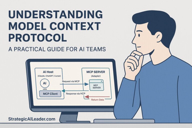 Flat-style illustration showing AI Host, MCP Server, and Data Source diagram with a professional reviewing the Model Context Protocol on a screen, branded with StrategicAILeader.com.
