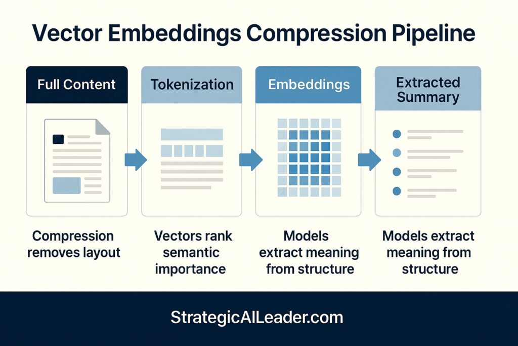 Flat style 16:9 infographic showing the five stage AI content processing pipeline from full content to tokenization, embeddings, similarity and retrieval, and extracted summary.
