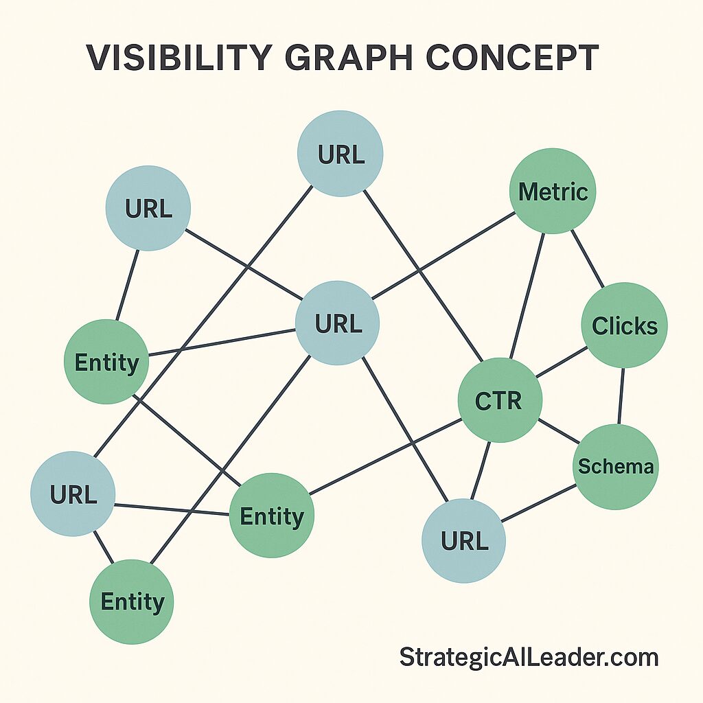 Flat-style diagram showing interconnected nodes labeled URL, Entity, Metric, CTR, Schema, and Clicks, illustrating relationships between SEO content and performance metrics, branded with StrategicAILeader.com