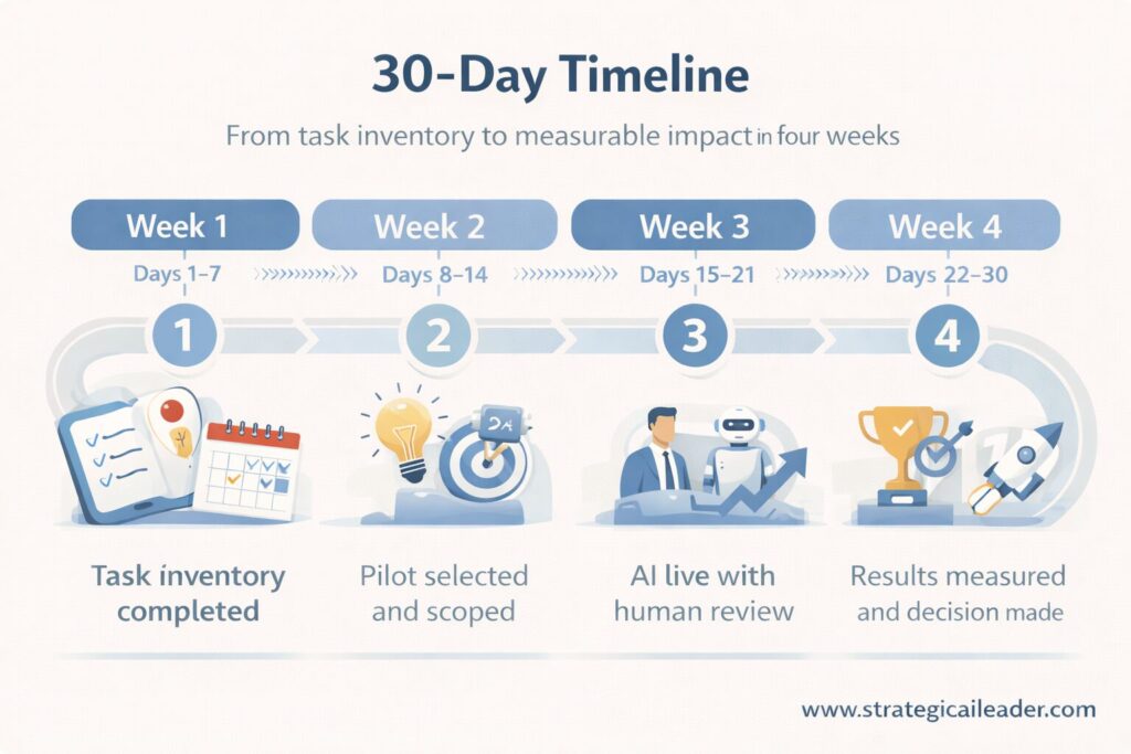30-day AI task analysis timeline showing a week-by-week plan to inventory tasks, select pilots, deploy AI with oversight, and measure results