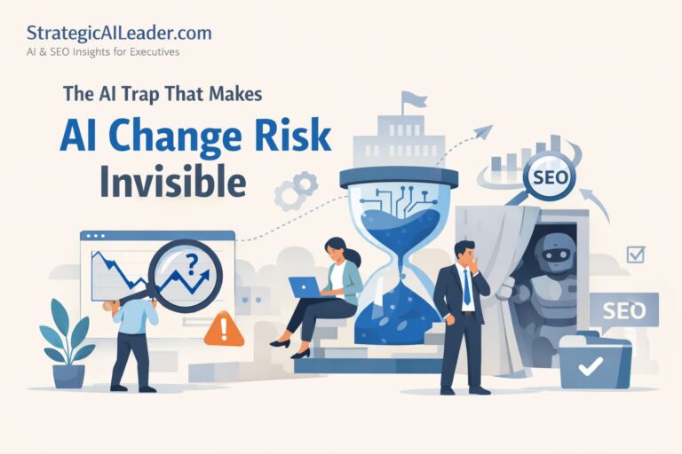 Flat-style illustration showing executives reviewing dashboards as AI systems reshape search visibility and decision-making, highlighting AI change risk.