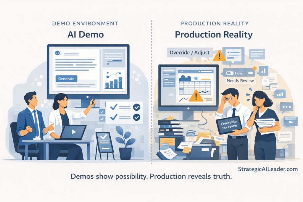 Side-by-side illustration comparing an AI demo environment with production reality, showing workflow friction, overrides, and trust breakdown in LLM applications