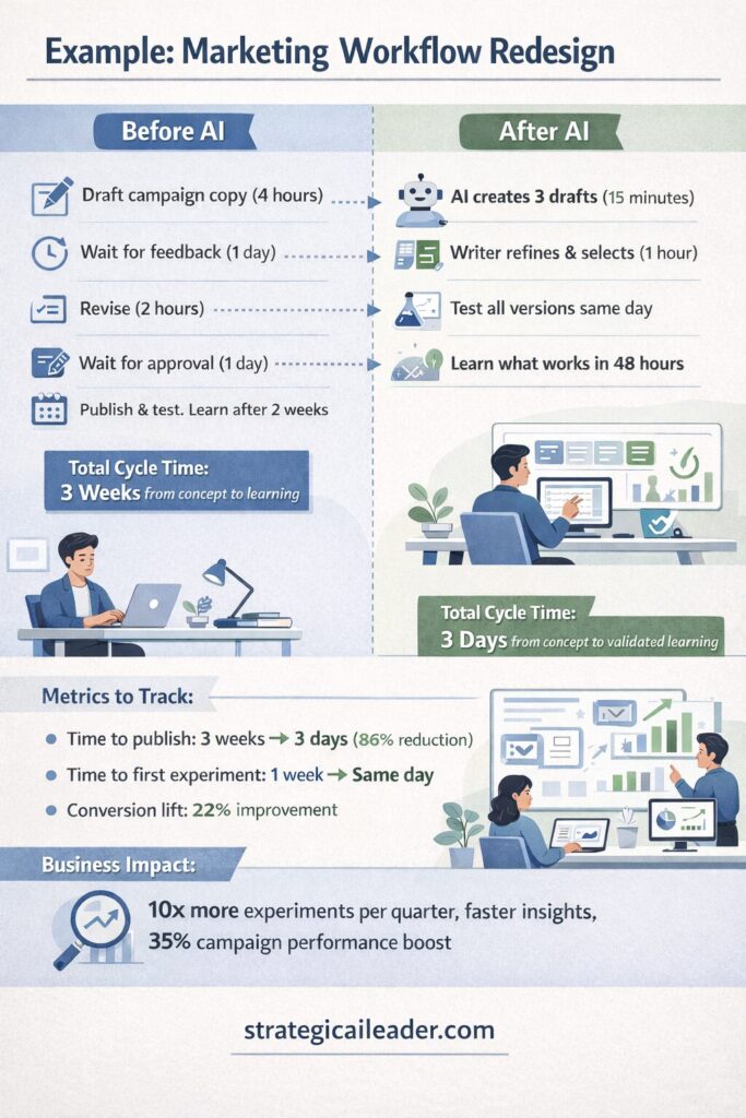 Before and after marketing workflow diagram showing AI task analysis reducing cycle time from weeks to days through parallel drafting and faster feedback loops.