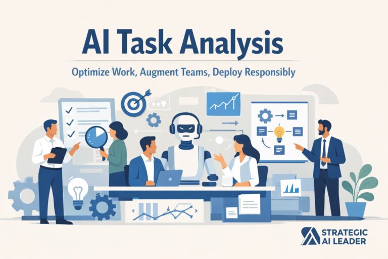 Leader using AI task analysis to redesign workflows with human oversight and modern dashboards