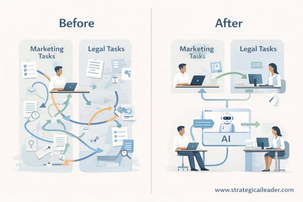 Before and after workflow diagram showing how AI task analysis streamlines marketing and legal workflows with human oversight