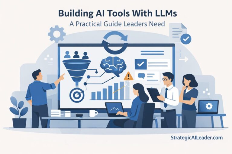 Flat-style illustration showing leaders building AI tools with LLMs, including dashboards, feedback loops, and workflow integration in production systems