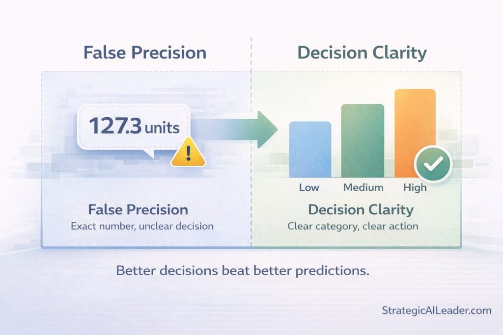 Flat-style illustration contrasting false numeric precision with decision clarity, showing exact predictions versus high medium low categories for business decisions
