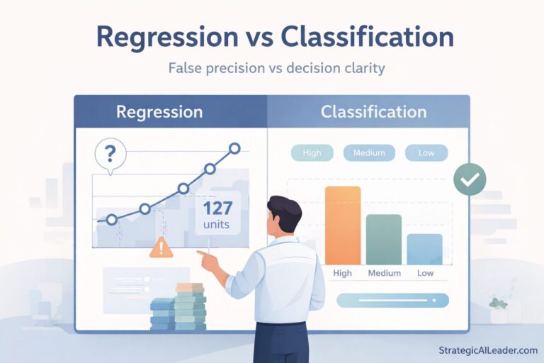 Flat-style illustration comparing regression and classification for business demand forecasting, showing numeric prediction versus high medium low decision categories