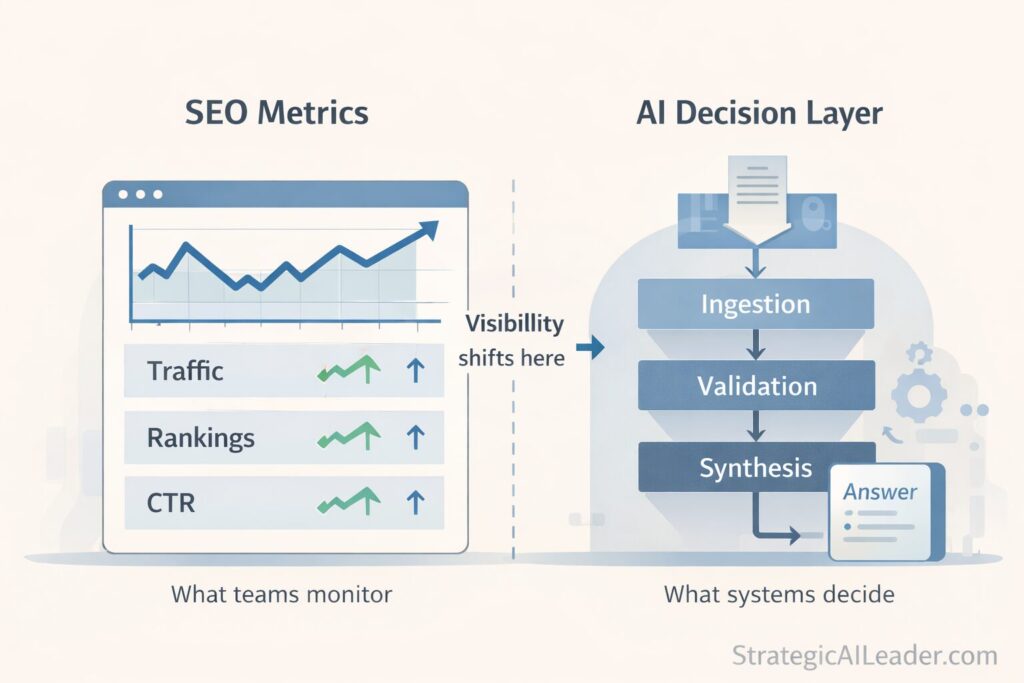 Diagram comparing traditional SEO traffic metrics with AI decision layers that influence search visibility