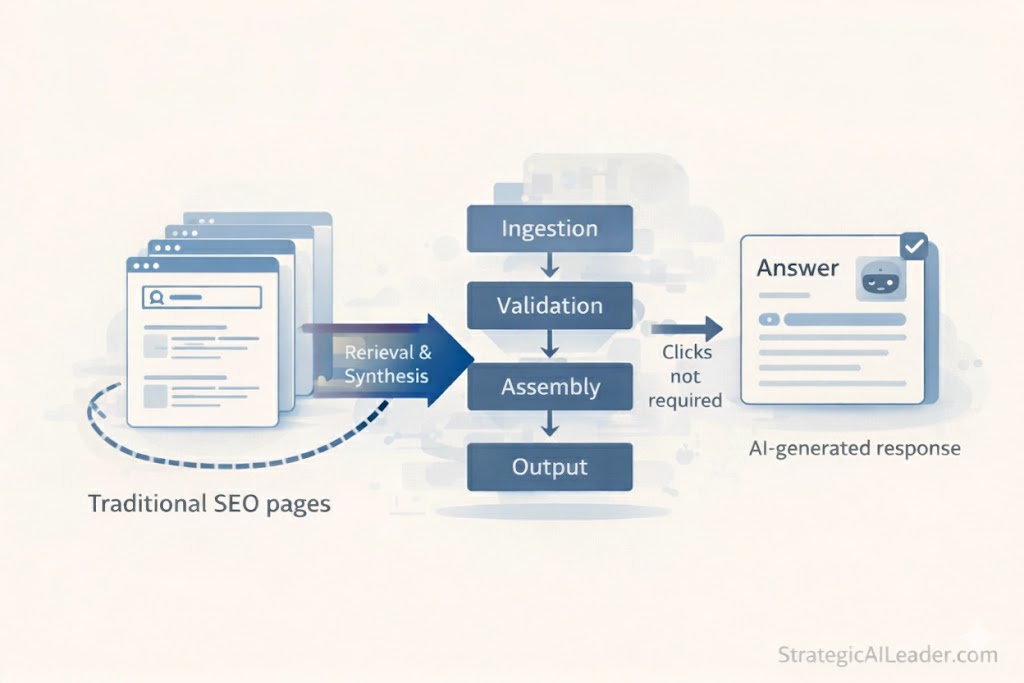 Diagram showing traditional SEO pages feeding into AI systems that retrieve, validate, and synthesize content into answers without requiring clicks