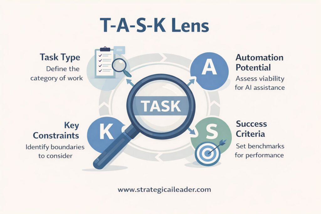 TASK Lens diagram showing AI task analysis framework for evaluating tasks, automation potential, safety constraints, and success criteria