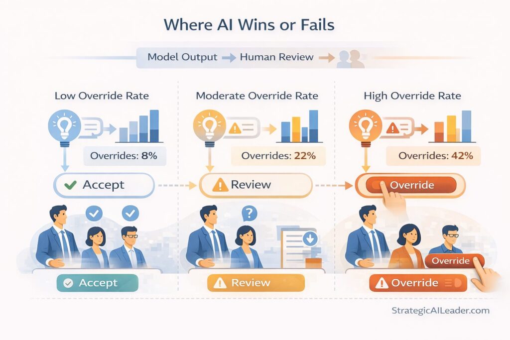 Graphic showing where AI succeeds or fails based on workflow fit, feedback loops, and real-world deployment conditions