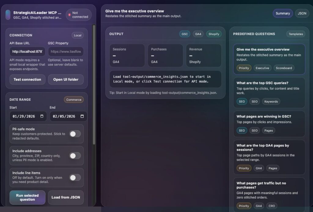 StrategicAILeader MCP dashboard interface displaying stitched data from Google Search Console GA4 and Shopify with executive overview metrics