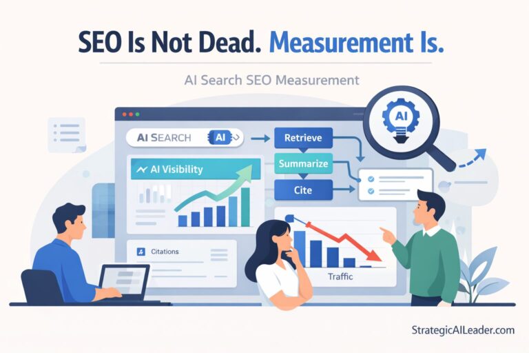 Flat-style illustration showing AI search SEO measurement, with rising AI visibility metrics, citation signals, and declining traffic charts before clicks occur.