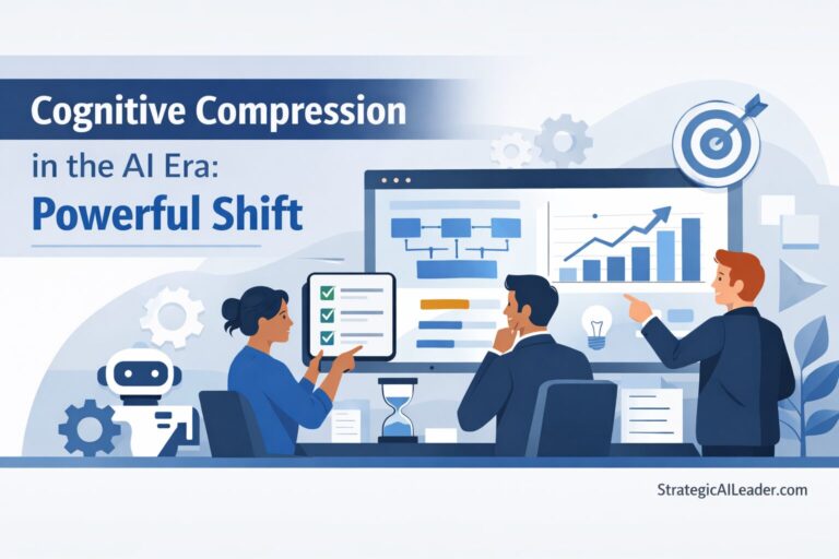 Diagram showing Cognitive Compression in the AI Era where AI compresses execution and the bottleneck moves to requirement quality and judgment
