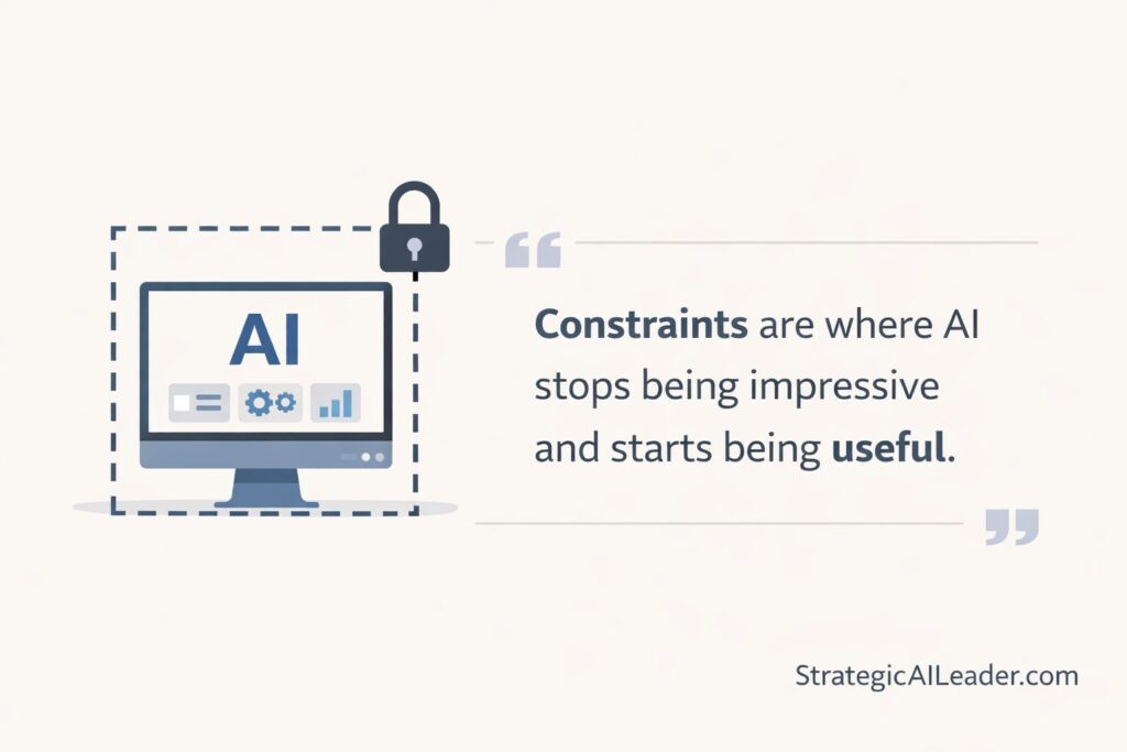 Flat illustration showing an AI system inside defined constraints with the quote “Constraints are where AI stops being impressive and starts being useful.”