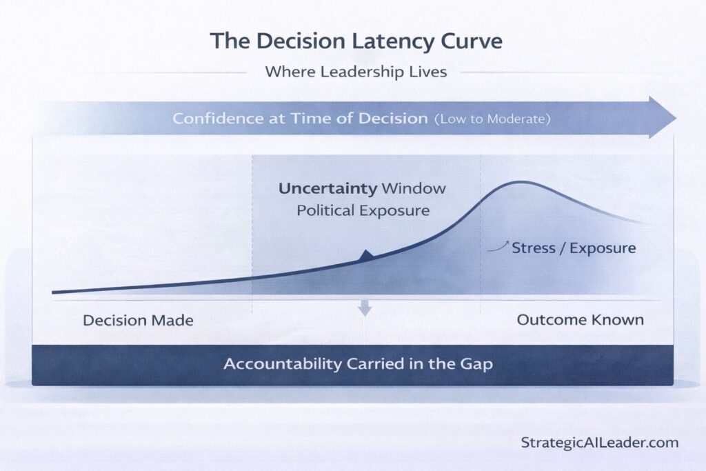 Infographic showing the decision latency curve between decision made and outcome known with an uncertainty window and accountability gap