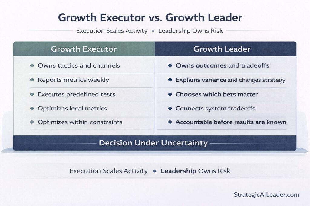 Comparison chart showing differences between growth executor and growth leader roles under decision uncertainty