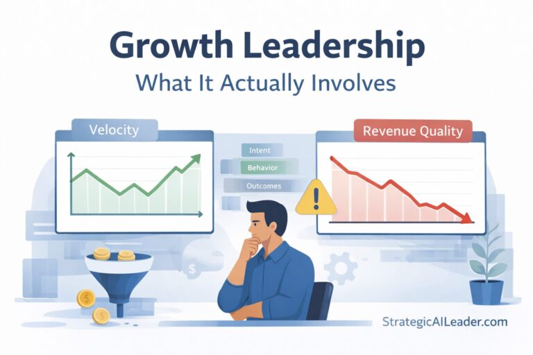 Growth leadership illustration showing leader between rising velocity metrics and declining revenue quality dashboards
