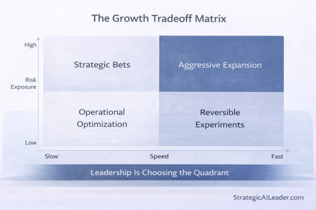 2x2 growth tradeoff matrix showing speed versus risk exposure with strategic bets, aggressive expansion, operational optimization, and reversible experiments