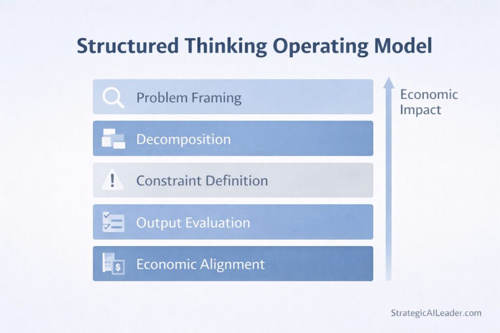 Structured Thinking Operating Model diagram showing five layers from problem framing to economic alignment with an economic impact arrow