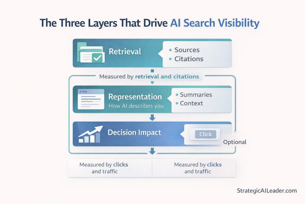 Flat-style diagram showing the three layers of AI search SEO measurement: Retrieval, Representation, and Decision Impact, with clicks marked as optional and visibility measured upstream through retrieval and citations.