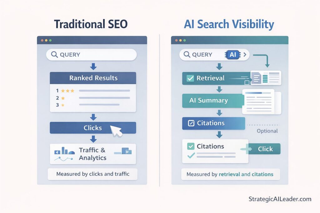 Side-by-side flat illustration comparing traditional SEO measurement based on rankings and clicks with AI search visibility measured through retrieval, summaries, and citations.