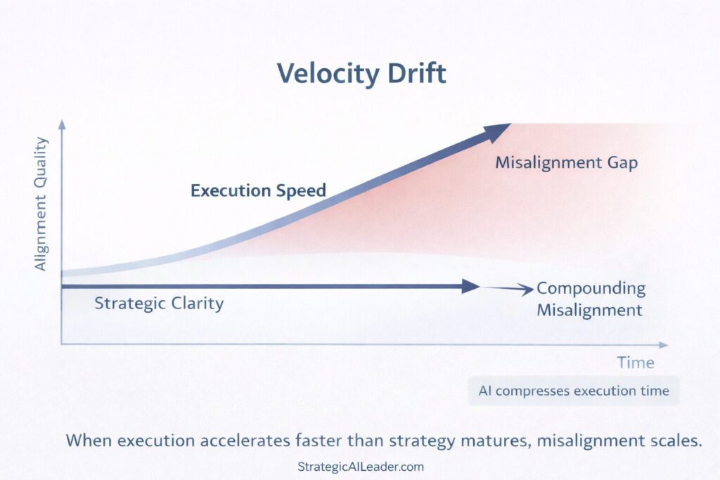Velocity Drift chart showing execution speed rising faster than strategic clarity, creating a widening misalignment gap over time