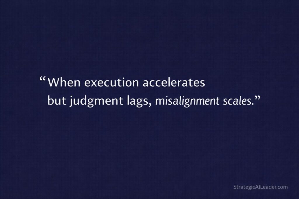 Quote card reading “When execution accelerates but judgment lags, misalignment scales.” on a dark navy background