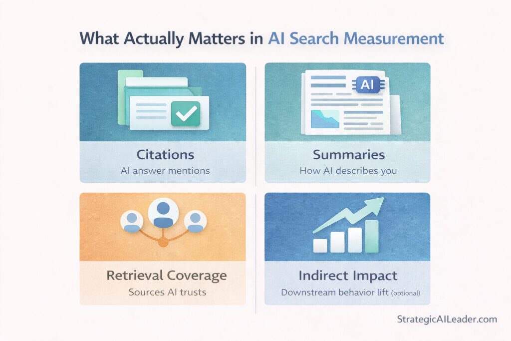 Flat-style infographic showing what actually matters in AI search measurement, including citations, summaries, retrieval coverage, and indirect impact as core visibility metrics.