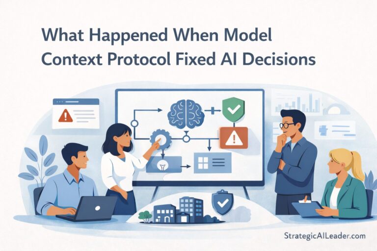 Flat style illustration showing how Model Context Protocol fixed AI decisions by connecting intent behavior and outcomes in a real business