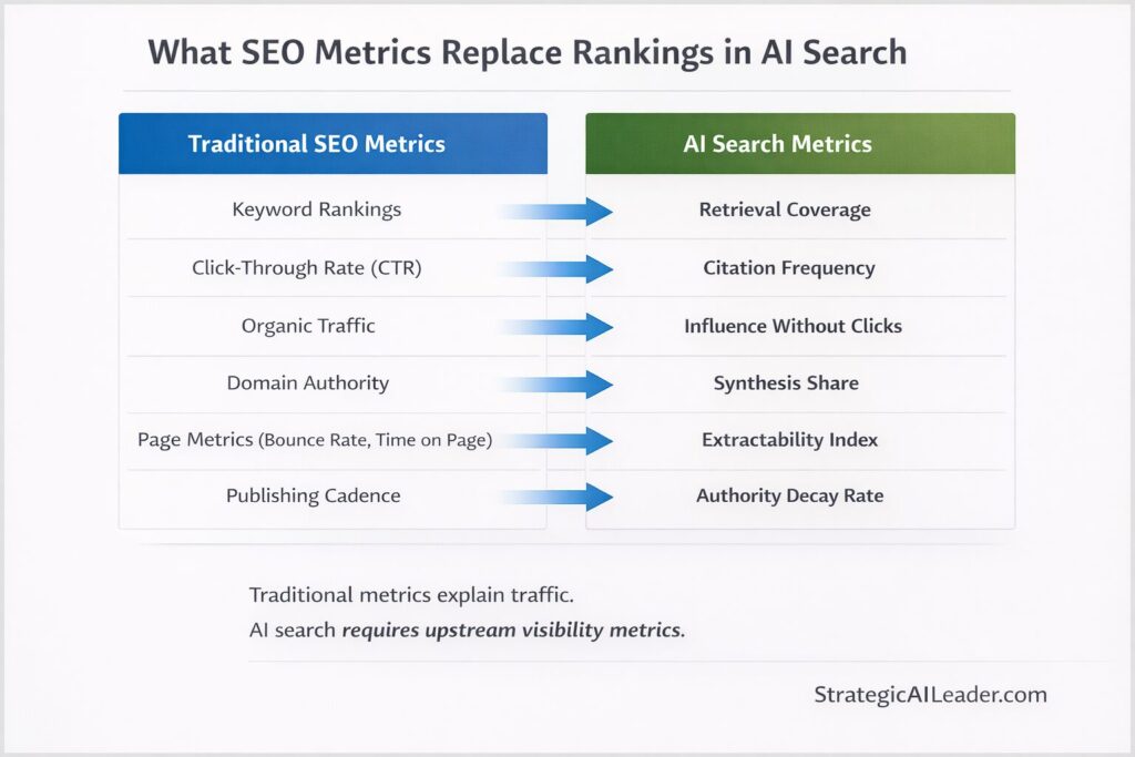 Infographic comparing traditional SEO metrics like keyword rankings and click-through rate with AI search metrics such as retrieval coverage, citation frequency, synthesis share, and extractability index.