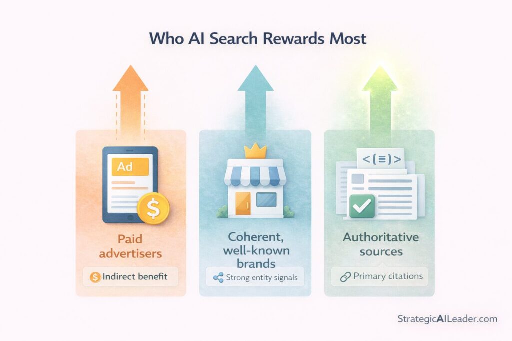 Flat-style infographic showing who AI search rewards most, comparing paid advertisers with indirect benefit, coherent well-known brands with strong entity signals, and authoritative sources receiving primary citations.