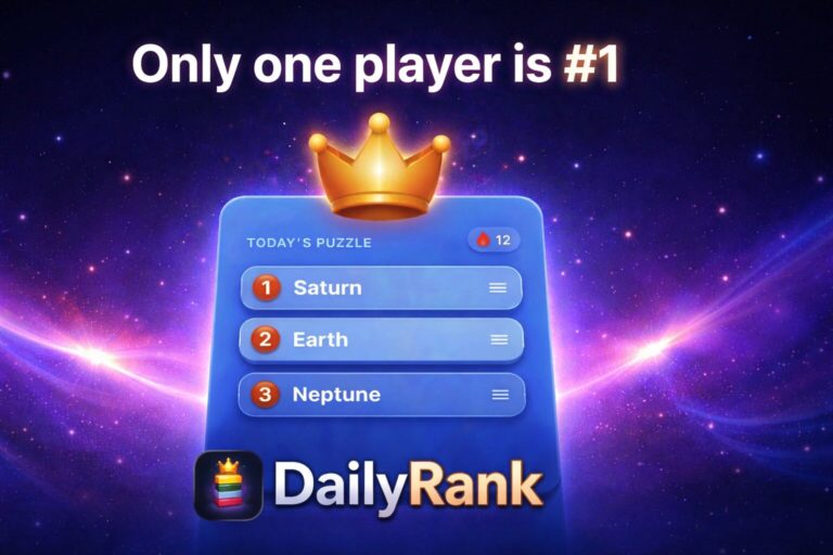 DailyRank mobile puzzle game screen showing a ranked list under Today’s Puzzle with crown icon and message Only one player is number one