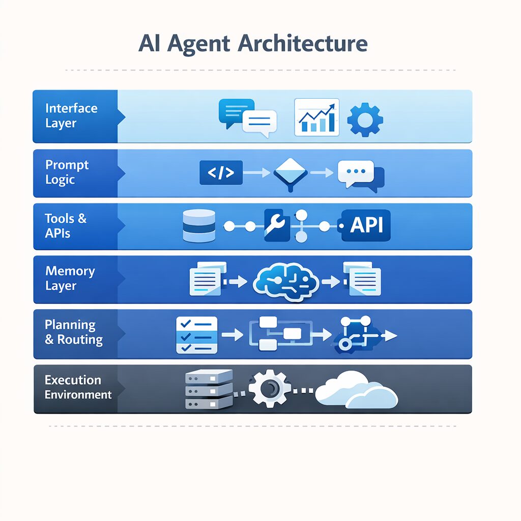 Layered AI agent architecture diagram showing interface layer, prompt logic, tools and APIs, memory layer, planning and routing, and execution environment in a production agent system
